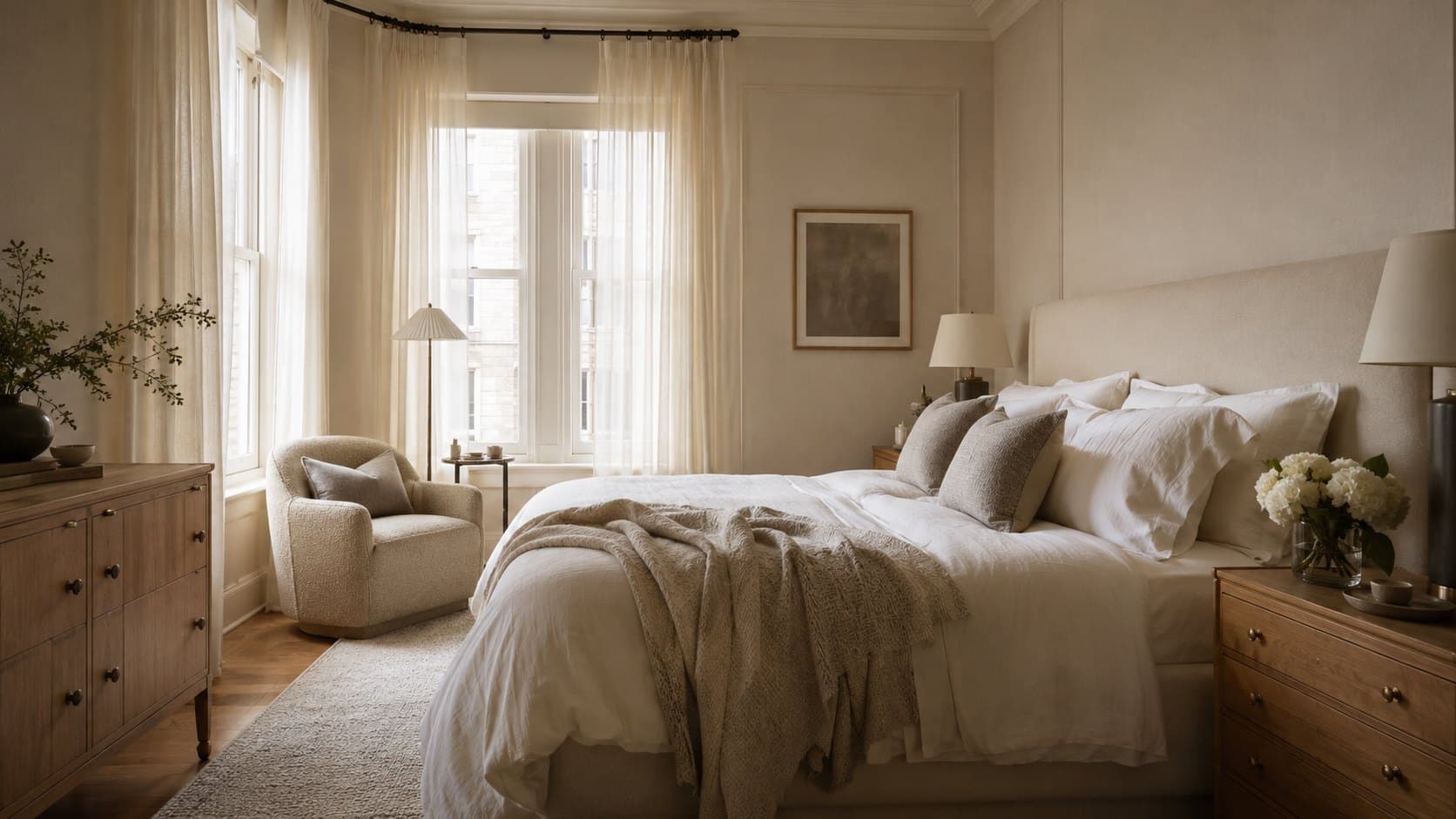 A serene, neutral bedroom in a furnished prime London apartment